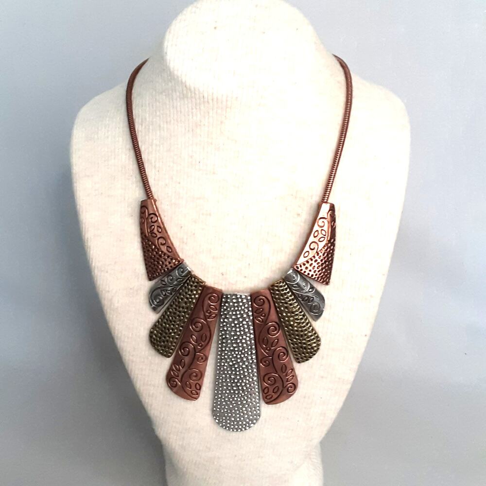 💎Bib Necklace Mixed Metal Engraved Plates Strung By Copper Tone Snake Chain